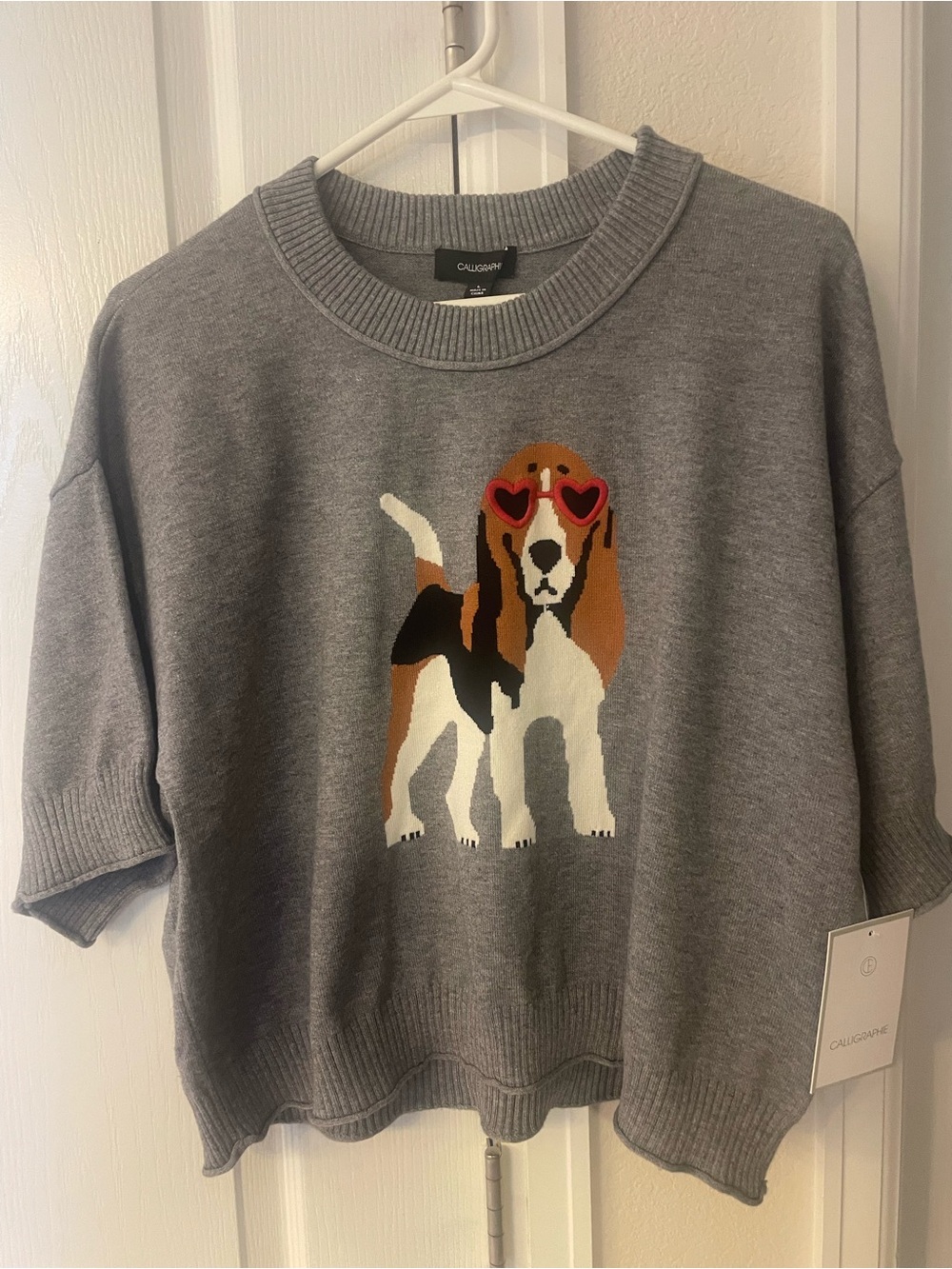 Anthropologie Grey Crewneck Sweater with Dog Graphic and Heart Sunglasses